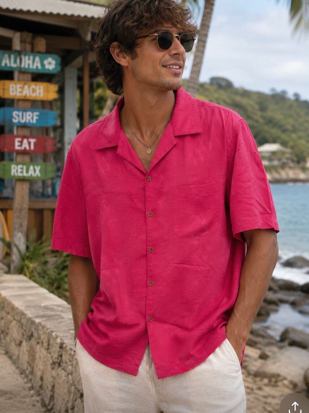 Havana Jacks Cafe Hawaiian Camp Shirt Pink Tropical Button Front luau Men’s L